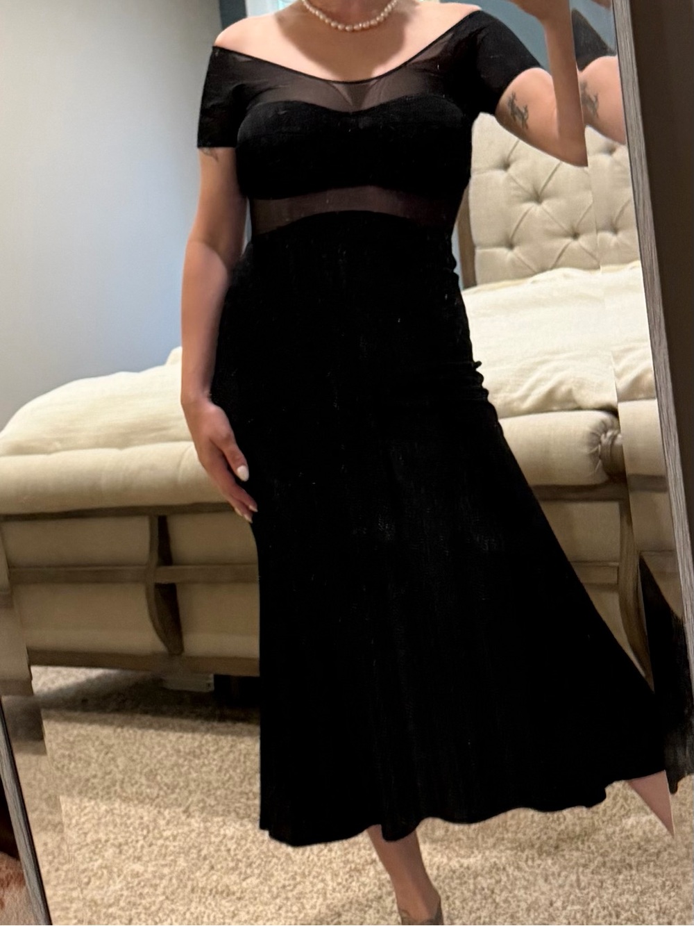 Vintage 90s Off-Shoulder Black Fishtail Mermaid Midi Dress W/ Sheer Mesh Panels - Picture 3 of 8